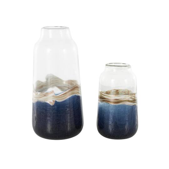 Dark Blue Glass Abstract Textured Swirl Decorative Vase Set with Gold & Cream Accents